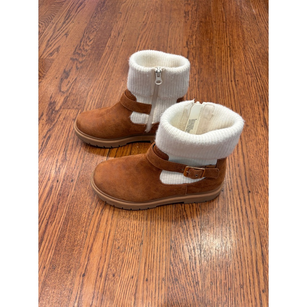 Cat & Jack Trista Girls Brown Faux Suede Ankle Boots Sweater Cuff Size 4